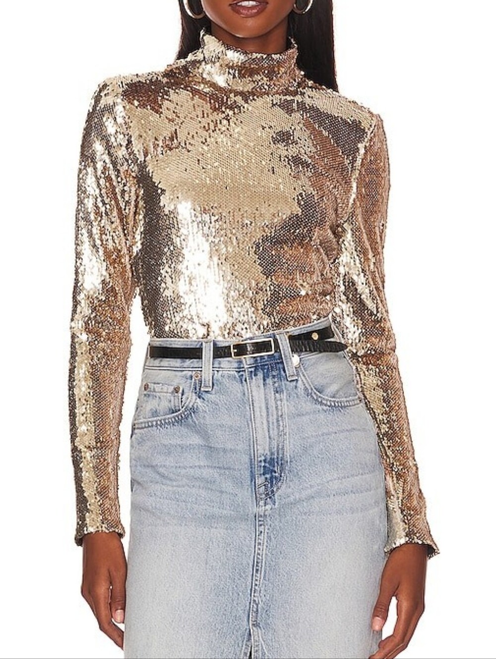 Gold Sequin Turtleneck Long-Sleeve Top